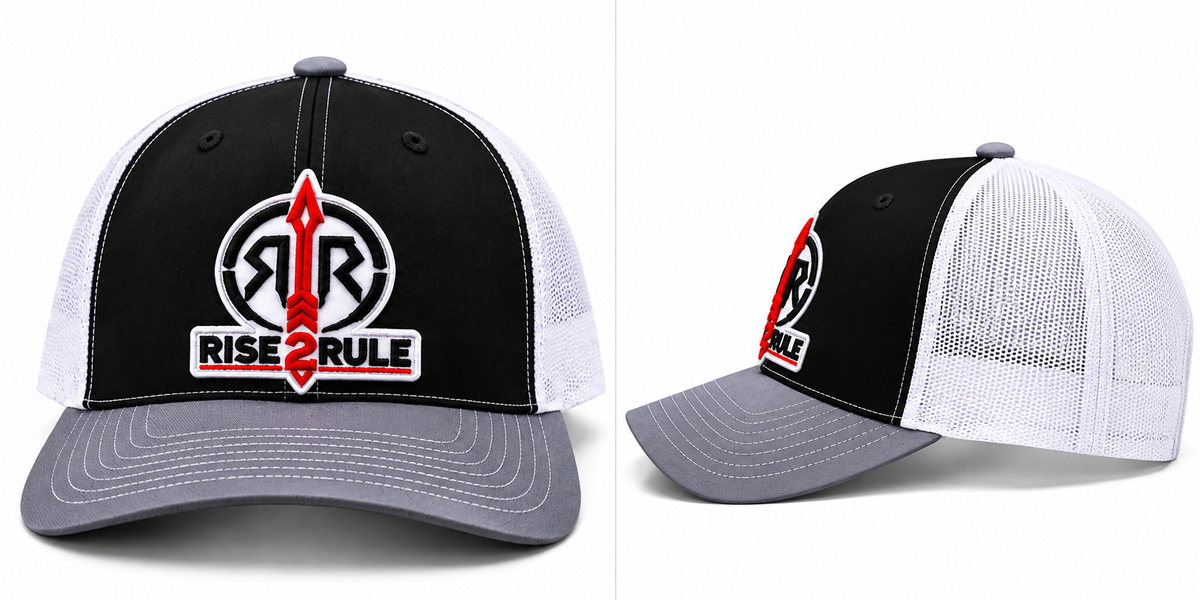 Rise2Rule Richardson 112 Trucker Hat — Black / White / Grey