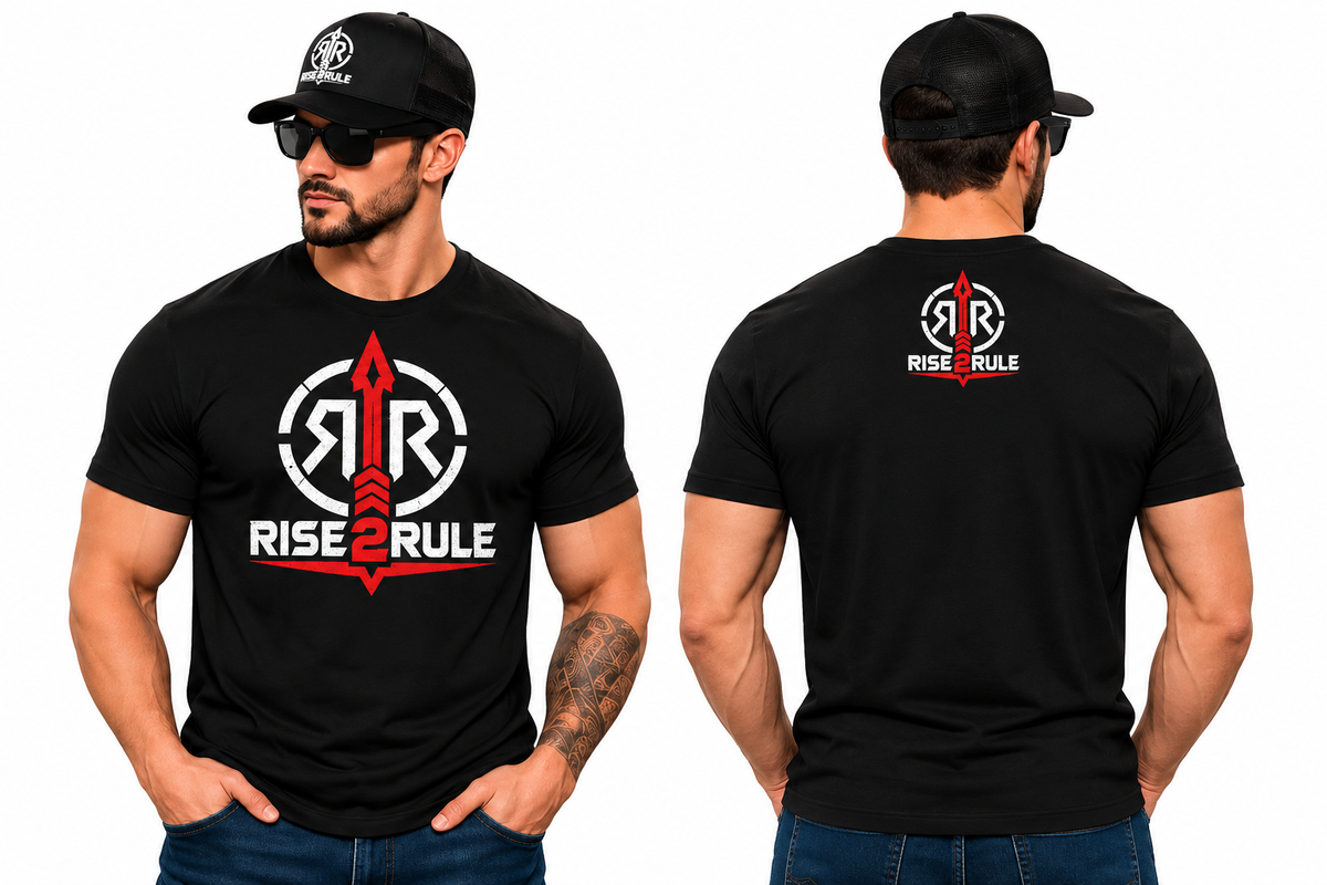 Rise2Rule Men's Tee — Black White & Red Logo
