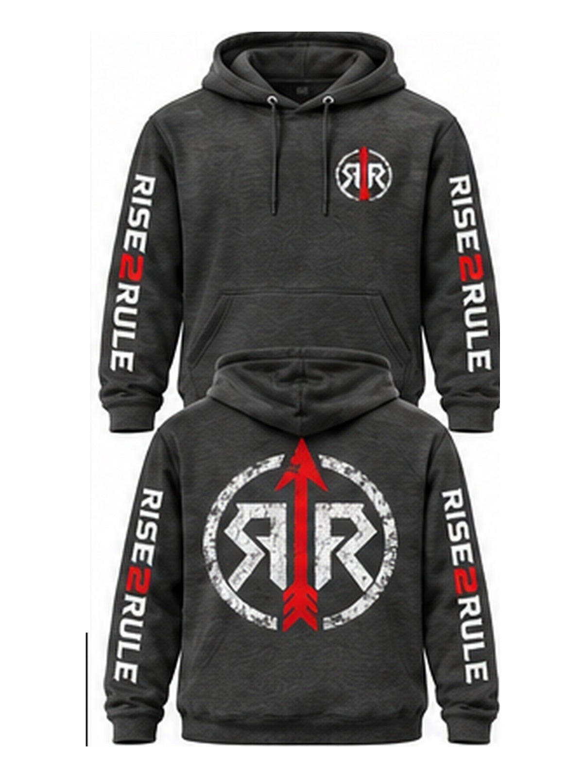 Rise2Rule Graphite Heather hoodie front and back uniform size