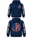 Navy American Flag hoodie matching Black logo size and placement