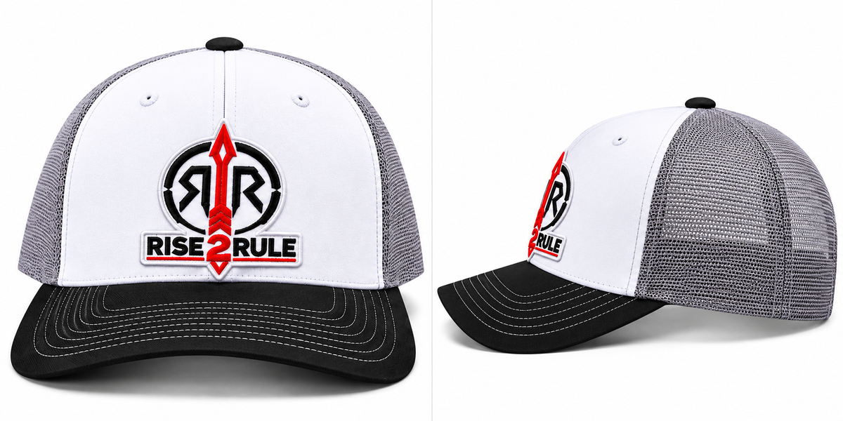 Rise2Rule Richardson 112 Trucker Hat — White / Grey / Black