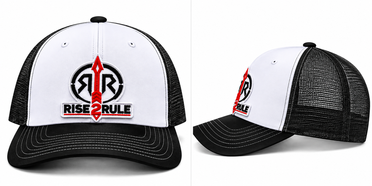 Rise2Rule Richardson 112 Trucker Hat — White / Black / Black