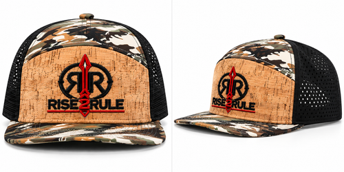 Rise2Rule cork camo snapback with black and red embroidered logo