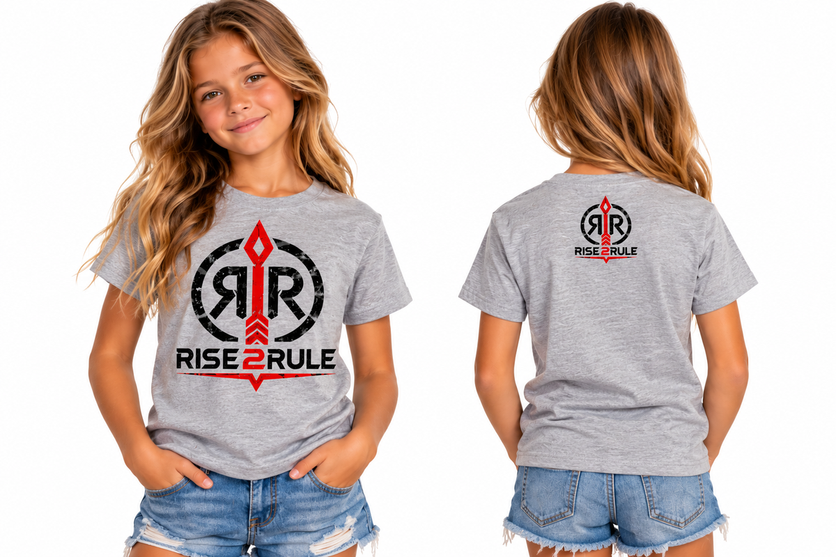 Rise2Rule youth Heathered Grey front and back mockup
